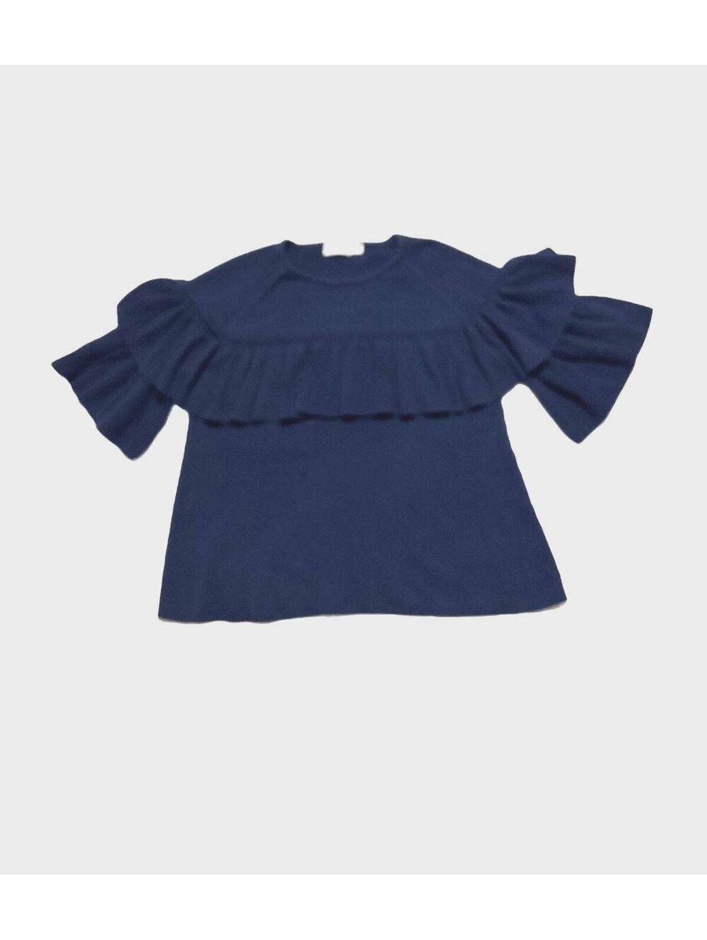 Vineyard Vines Navy Blue Ribbed Ruffle Sweater Cotton Silk Knit Top Size Large L